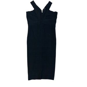 BEBE black halter top bandage bodycon cocktail midi dress Sz L